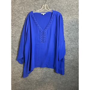 Pioneer Woman Womens Blouse Size XXXL Blue Crotchet Boho V Neck Long Sleeve
